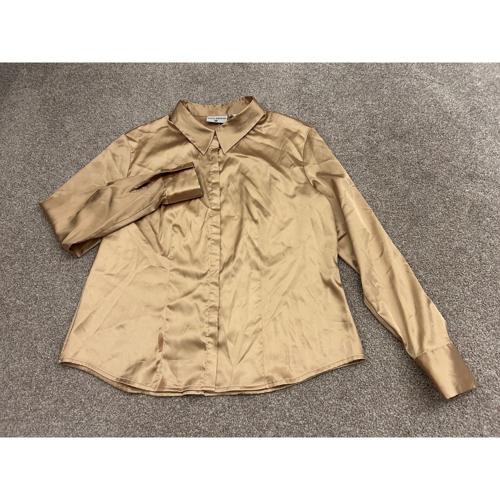 Kathy Ireland Blouse Womens XL Gold Excellent Satin Long Sleeve Button Down Top - Picture 4 of 14